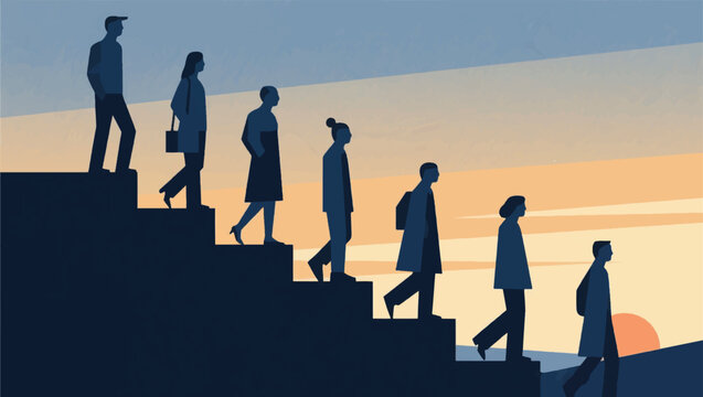 Illustration Of People Going Down The Stairs Together Vector Design Template