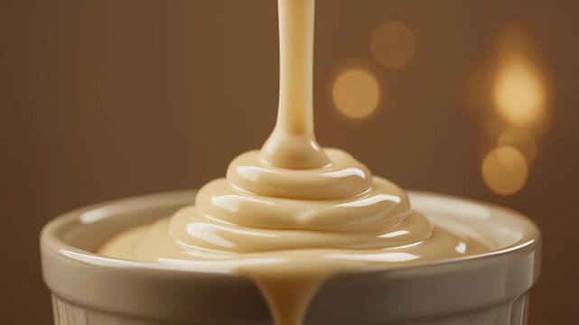 Pouring Thick Sweet Condensed Milk Into A Small Ceramic Bowl