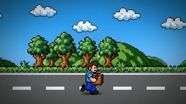 Pixel Art Courier Delivery - A pixel art style video features a male courier running along a road carrying a cardboard box. The background includes green hills, trees, and clouds under a blue sky.