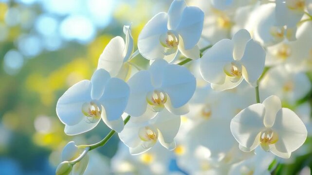 Close-up of elegant white orchids with yellow centers bathed in soft sunlight against a blurred backdrop