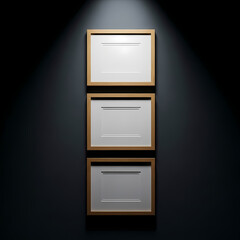 Poster Frame Mockup with Three Wooden Frames on Dark Wall Under Spotlight