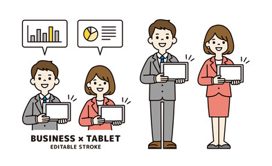 タブレットの画面を見せて接客する若いビジネスパーソンの上半身・全身ベクターイラスト素材セット