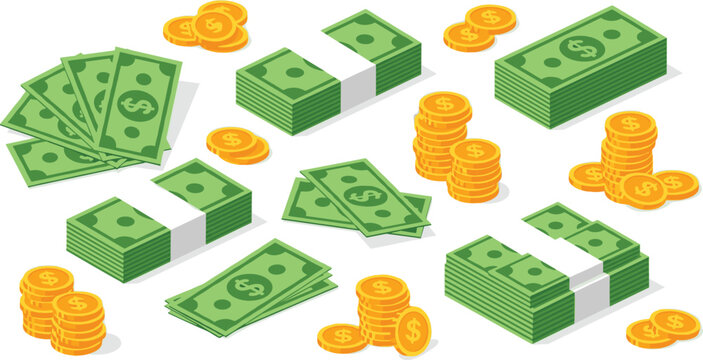 Isometric money icons set featuring gold coins dollar banknotes wallet and credit cards for financial design, cad drawing flat vector illustration