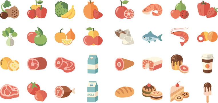 Set of flat vector food icons featuring fruits vegetables meat dairy seafood and desserts for design, cad drawing flat vector illustration