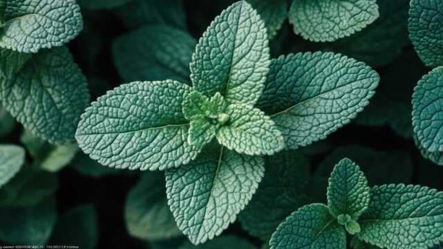 Close-up of green, textured leaves radiating from a central stem. The dark background offers depth