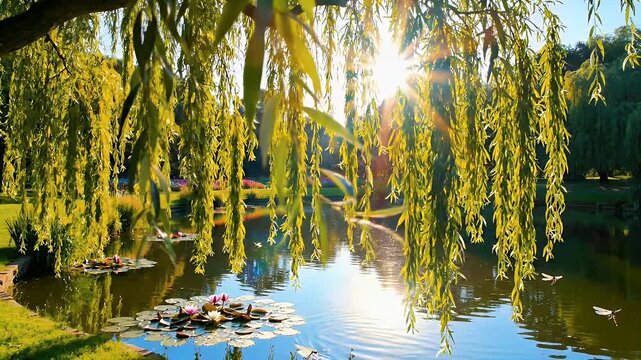 Willow Tree Reflected in Tranquil Pond - A serene view of a willow tree's leaves hanging over a calm pond filled with lily pads and pink flowers.
