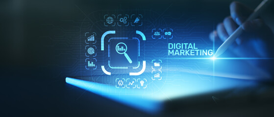 Digital Marketing Strategy and Online Advertising Illustrated on Virtual Interface.