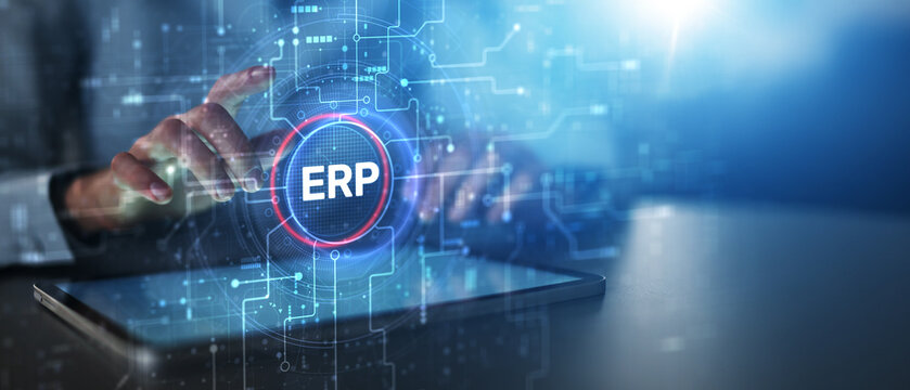ERP System and Enterprise Resource Planning Illustrated on Futuristic Digital Interface.