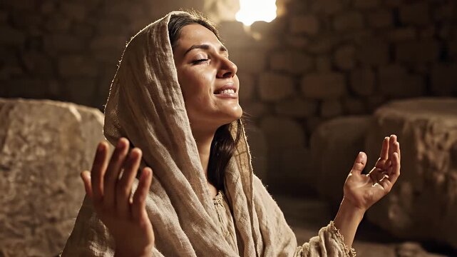Woman Praying in Stone Room - A woman with a head covering is praying in a stone room. She has her arms raised to the light with a look of reverence on her face.