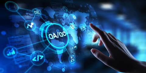 QA QC Quality Assurance and Quality Control for Product Excellence, projection on a virtual screen, Business and Technology Concept.