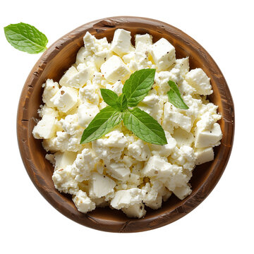 Bowl of organic curd cheese garnished with herbs isolated on transparent or white background