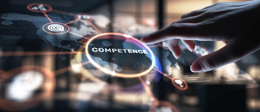Competence Developing Skills and Expertise, projection on a virtual screen, Business and Technology Concept.