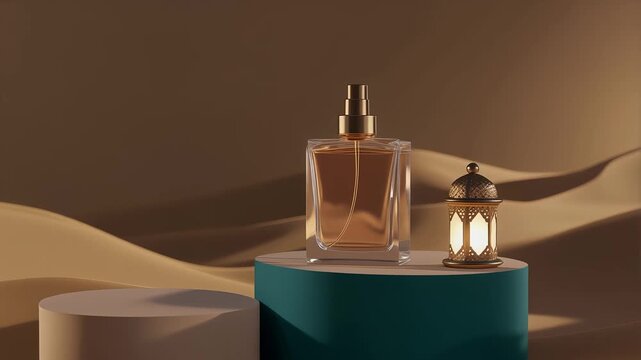 Luxury Perfume Bottle On Podium With Arabic Lantern In Desert