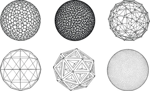 Geometric wireframe sphere set with global network grid and polyhedral shapes for tech vector illustration, cad drawing flat vector illustration