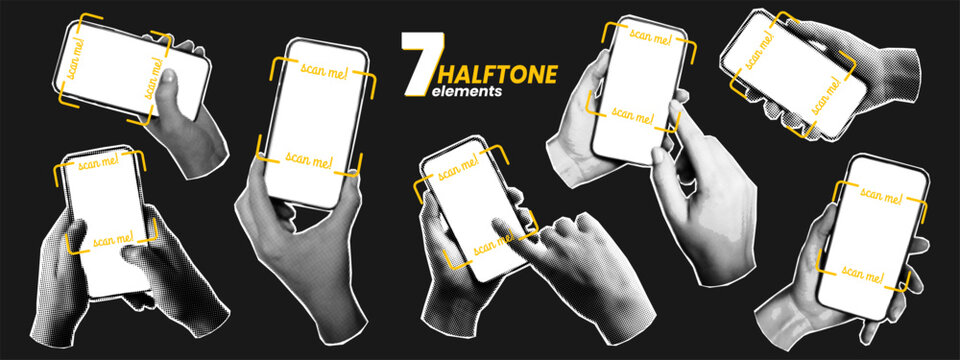 Scan halftone phone with me qr grainy and collage hand code. Grunge poster smartphone with hold mobile social and telephone reader app. Cellphone design scan with template barcode me.