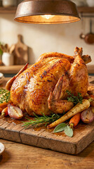 Pollo asado entero con piel dorada y crujiente, jugoso y arom&aacute;tico, presentado con hierbas y verduras en ambiente c&aacute;lido, fotograf&iacute;a gastron&oacute;mica hiperrealista.