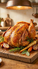 Pollo asado entero con piel dorada y crujiente, jugoso y arom&aacute;tico, presentado con hierbas y verduras en ambiente c&aacute;lido, fotograf&iacute;a gastron&oacute;mica hiperrealista.
