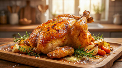 Naklejka premium Pollo asado entero con piel dorada y crujiente, jugoso y aromático, presentado con hierbas y verduras en ambiente cálido, fotografía gastronómica hiperrealista.