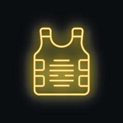 Obraz premium Yellow neon icon of a bulletproof vest glowing on black background, concept of security or protection