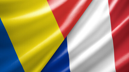 Obraz premium Romania and France two national flags filling the entire frame, close-up view, edge-to-edge composition