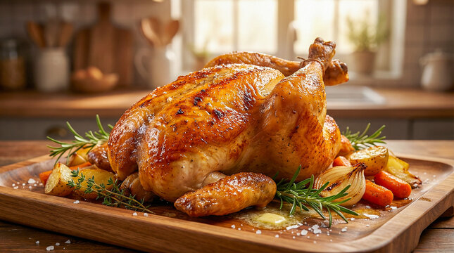 Pollo asado entero con piel dorada y crujiente, jugoso y arom&aacute;tico, presentado con hierbas y verduras en ambiente c&aacute;lido, fotograf&iacute;a gastron&oacute;mica hiperrealista.