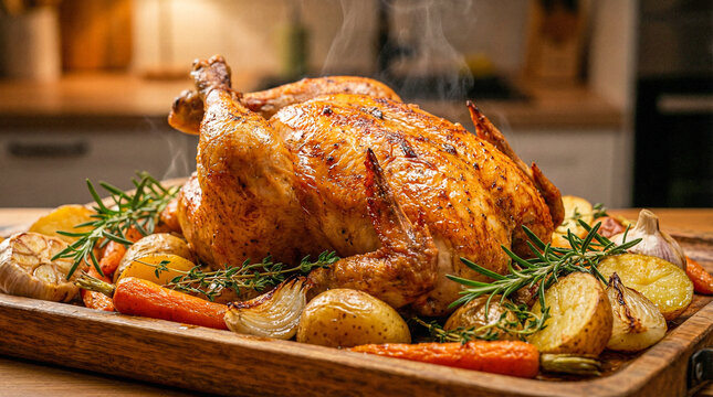 Pollo asado entero con piel dorada y crujiente, jugoso y arom&aacute;tico, presentado con hierbas y verduras en ambiente c&aacute;lido, fotograf&iacute;a gastron&oacute;mica hiperrealista.