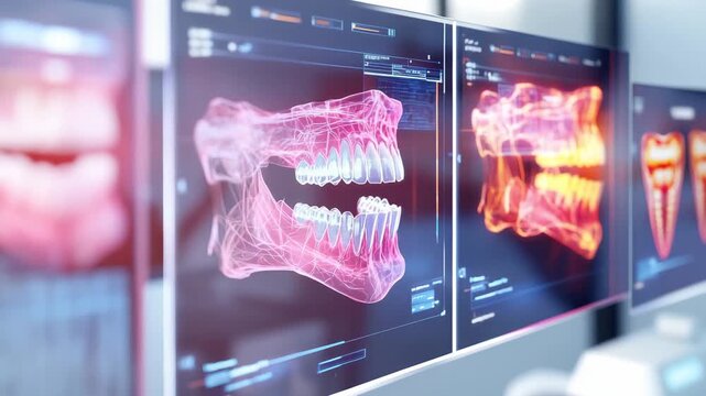 Dental imaging technology presenting intricate jaw structures and teeth alignment in a clinic setting