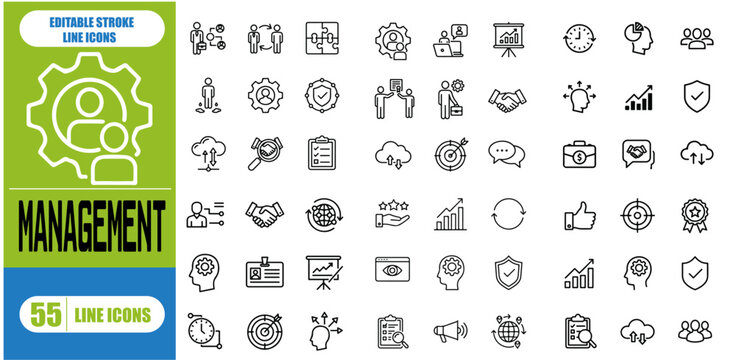 project management icon set. Containing Risk Assessment, Scope, Timeline, Deliverable, Milestone, Resource, Dependency