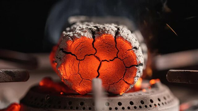 Intense glowing charcoal briquette burning red hot on a metal stove grate for energy concepts and heat generation