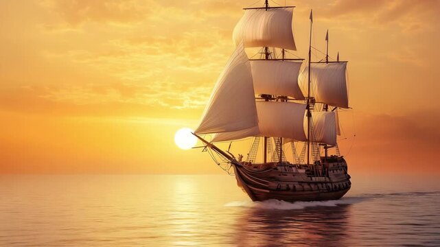 A sailing ship moves gracefully on smooth waters, illuminated by a glowing sunset in the background