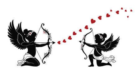 Two cupids with bows and arrows shooting a trail of hearts © RaufinIslam