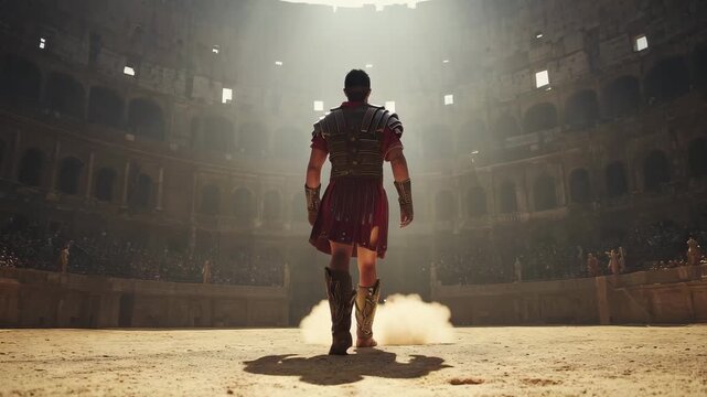 A gladiator stands confidently in the center of an ancient coliseum, ready to face the challenge as the crowd watches eagerly for action