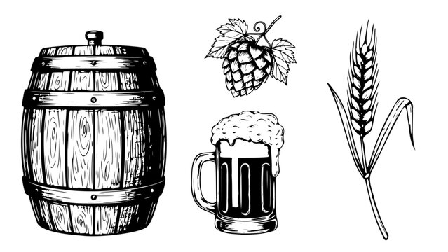 Vintage Brewery Set with Wooden Barrel Hops and Foamy Beer Mug