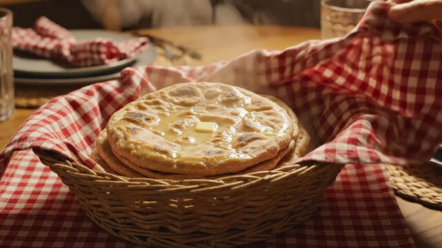 Steaming hot homemade flatbread with melting butter served in a wicker basket on a rustic wooden table setting