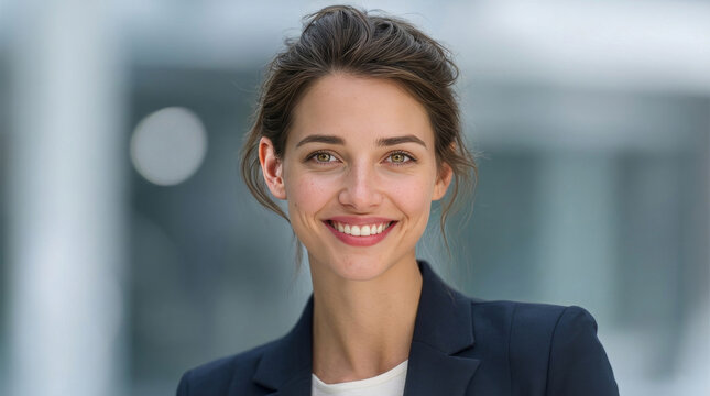 Portrait of Confident Young Blonde Businesswoman Smiling in Navy Blazer at Modern Office