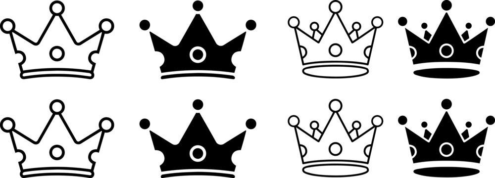 Set of modern crown icons in black and white for royalty and luxury branding