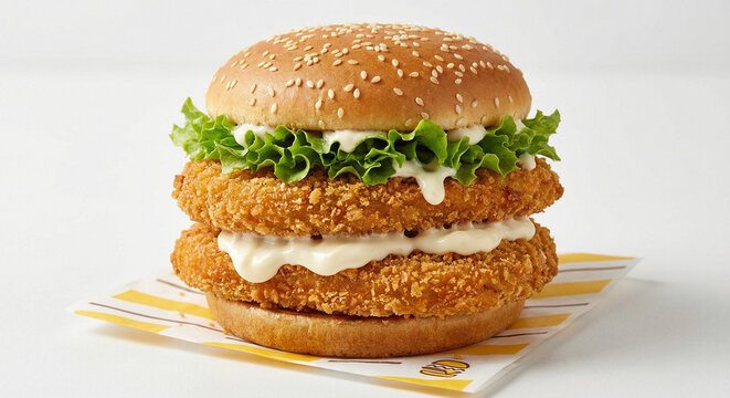 Double stacked crispy fried chicken zinger burger with creamy sauce and lettuce on sesame bun studio photography