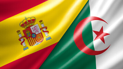 Fototapeta premium Spain and Algeria two national flags filling the entire frame, close-up view, edge-to-edge composition