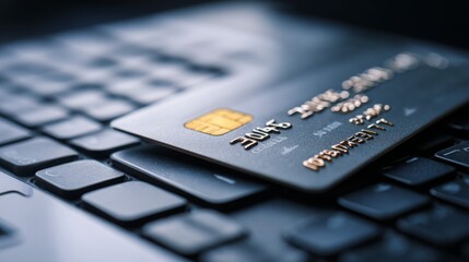 Close-up of a credit card resting on a laptop keyboard, depicting online shopping or digital banking.