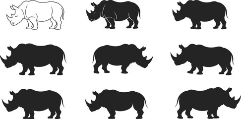 Blue outlined rhinoceros among black silhouettes, animal posture variations, wildlife illustration grid, visual comparison, educational design concept ©  jahanara