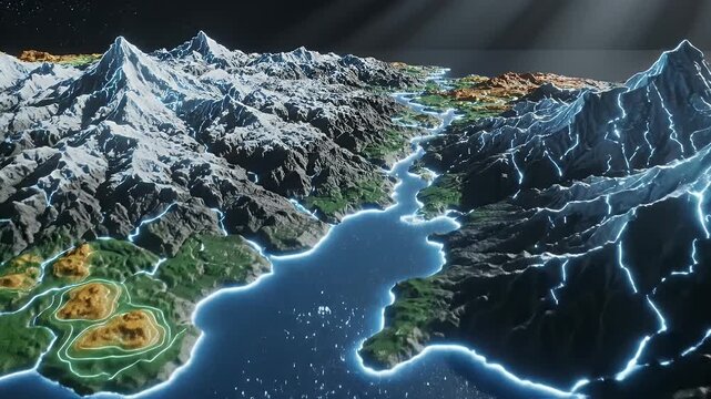 Topographic Map with Highlighted Borders - An artistic visualization showcases a mountainous landscape with a river running through it.