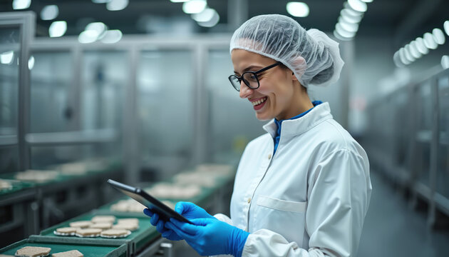 Food factory worker smiles holding tablet. Female inspects production line in sterile plant. Woman checks quality, operates tech, works in manufacturing. Busy pro ensures safety.