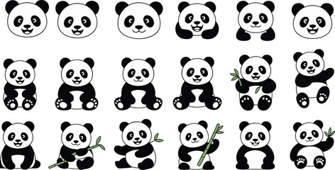 Cute cartoon panda illustrations collection, playful animal characters with bamboo, expressive emotions, adorable wildlife design for children’s materials ©  jahanara
