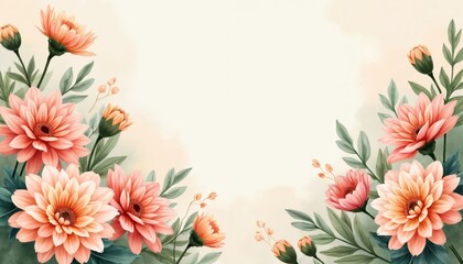 Watercolor floral border with peach coral dahlia flowers and green leaves. Soft pastel art for invitations cards or wedding graphic design templates.