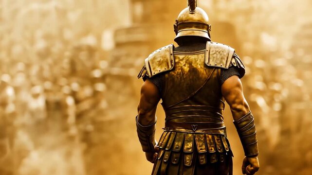 A gladiator in his armor walks ready for battle, focusing on the crowd in a grand arena at sunset, anticipating the upcoming fight