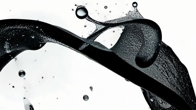 A monochrome image showcases flowing black fluid with droplets against a bright white background