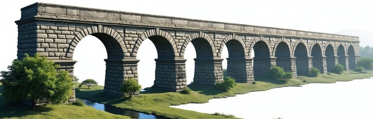 Fototapeta premium Long stone aqueduct with many arches crosses green grassy landscape with small river. Ancient Roman water bridge construction impressive, historic landmark. Monumental structure supplied water.