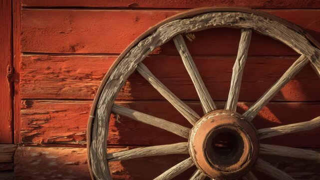 A close up of a weathered wagon wheel resting against a rustic barn wall in a countryside environment