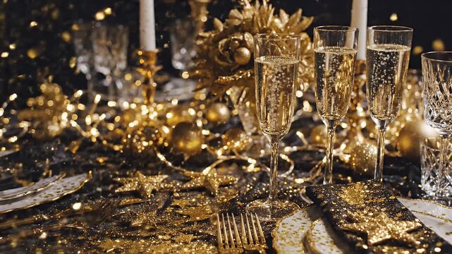 Sparkling Gold Celebration Table Setting - Elegant table setting with champagne flutes filled with bubbly drink surrounded by golden confetti.