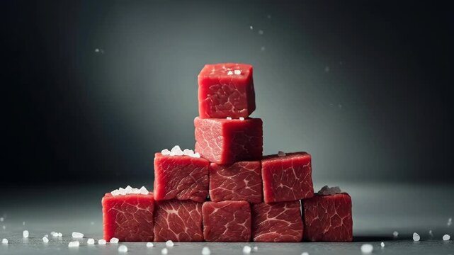 Raw beef cubes stacked in geometric shapes with salt crystals, dark moody style, monochromatic colors, conveying dynamic freshness